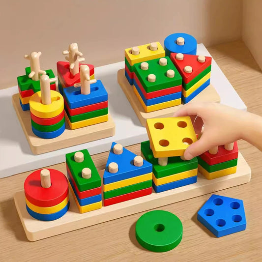🔧Montessori Wooden Shape Sorting Toy – Color & Stacking Learning for Toddlers (1–3 Years)